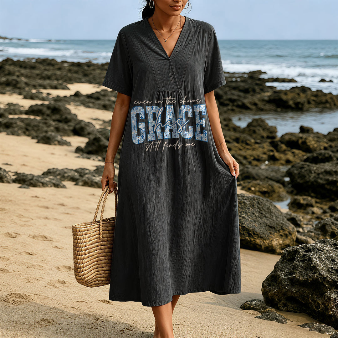 Christianartworkshop Classic "His Grace Still Finds Me" Plaid Print V-Neck Loose Midi Dress - image 1