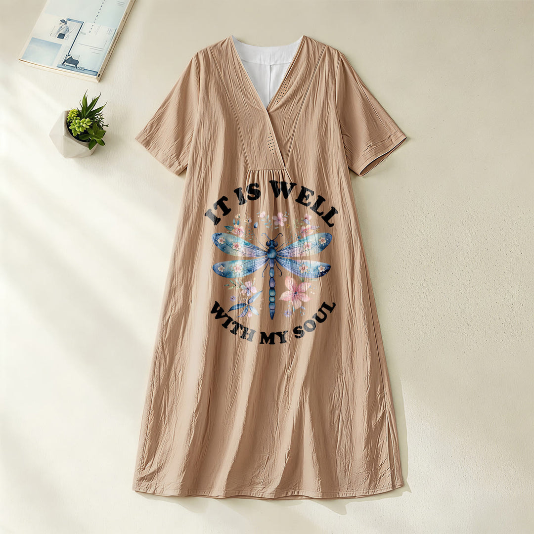 Christianartworkshop "It Is Well With My Soul" Watercolor Dragonfly Floral V-Neck Short Sleeve Midi Dress - Khaki - 4XL - image 0