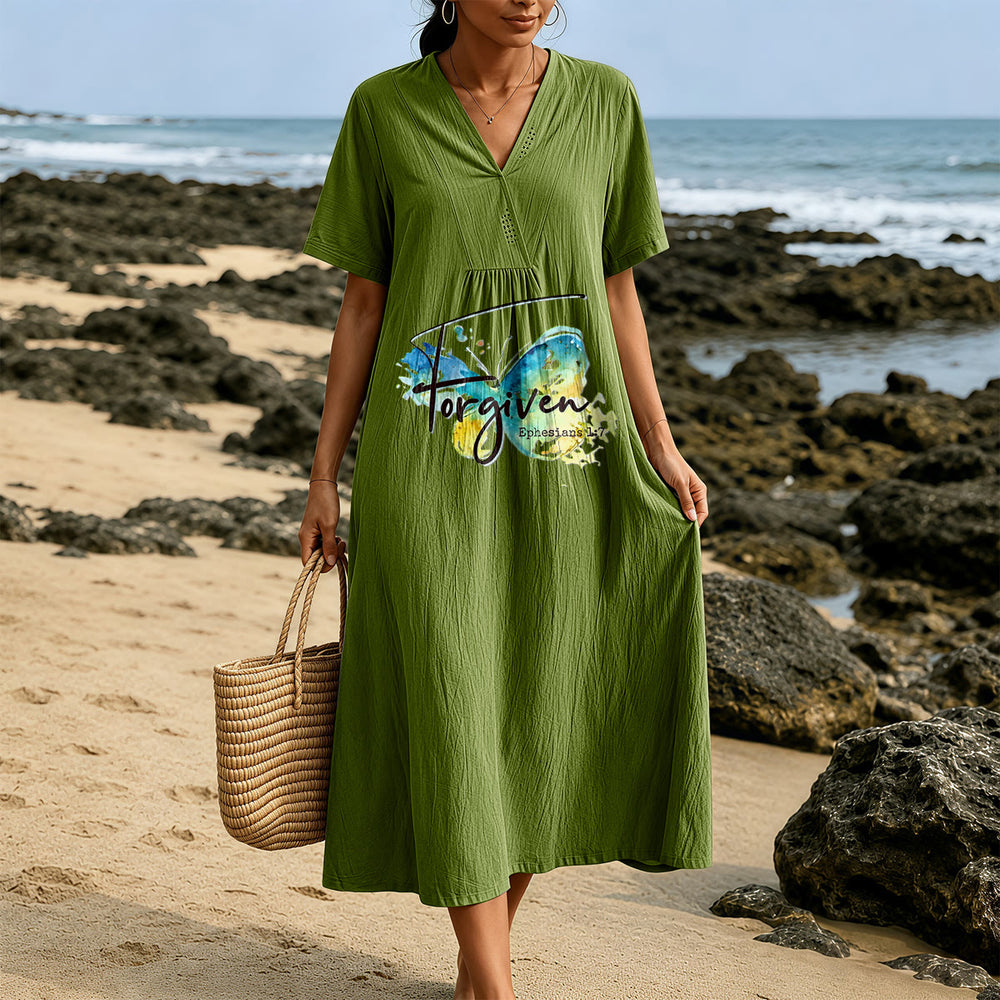 Christianartworkshop Church Gathering Outfit Bible Verse Watercolor Butterfly V-Neck Midi Dress - image 1