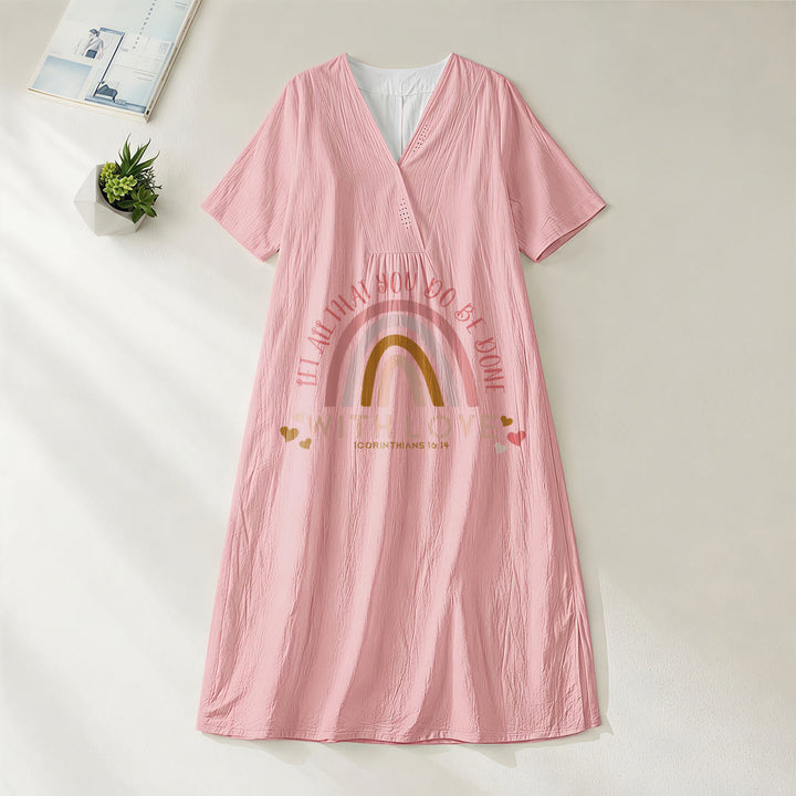 Christianartworkshop Plain Tone Love Scripture Rainbow Heart Slogan V-Neck Casual Midi Dress - Pink - 4XL - image 20