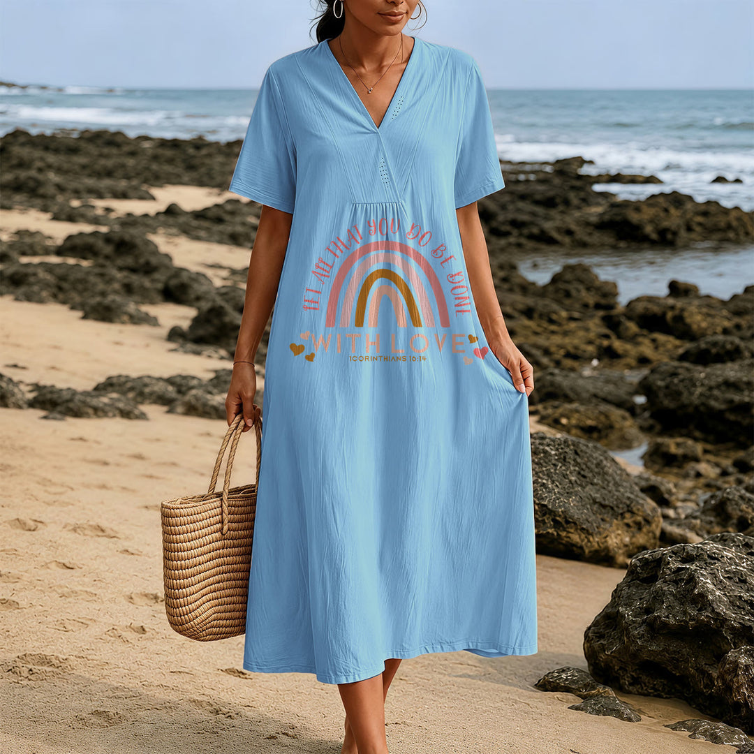 Christianartworkshop Plain Tone Love Scripture Rainbow Heart Slogan V-Neck Casual Midi Dress - image 5