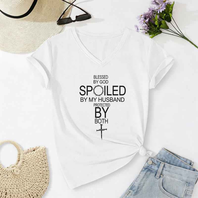 Christianartworkshop "Blessed by God Spoiled by My Husband" Cross Accent Casual V-neck T-shirt - White - 2XL - image 8