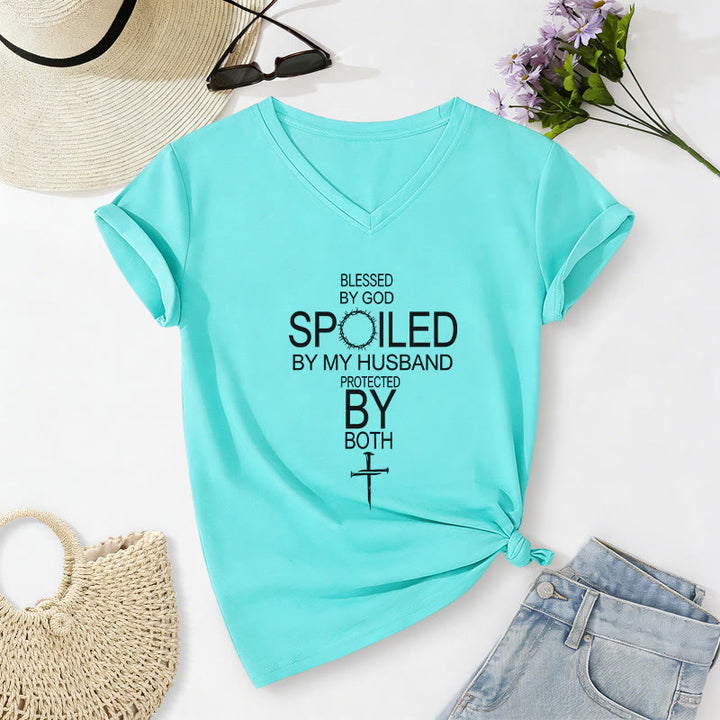 Christianartworkshop "Blessed by God Spoiled by My Husband" Cross Accent Casual V-neck T-shirt - Sky Blue - 2XL - image 10