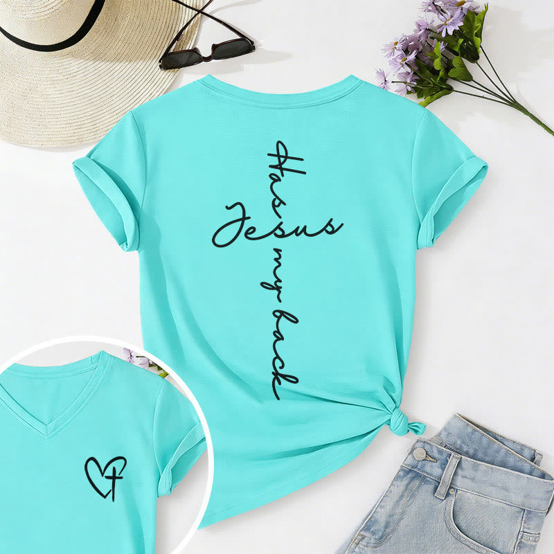 Christianartworkshop "Jesus Has My Back" Front & Back Print Casual V-neck T-shirt - Sky Blue - 2XL - image 36