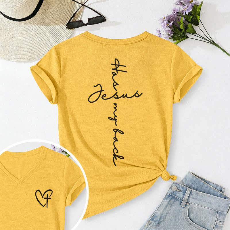 Christianartworkshop "Jesus Has My Back" Front & Back Print Casual V-neck T-shirt - Yellow - 2XL - image 18