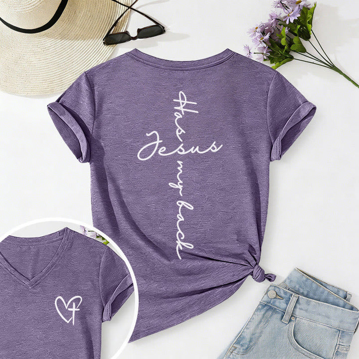 Christianartworkshop "Jesus Has My Back" Front & Back Print Casual V-neck T-shirt - Purple - 2XL - image 54