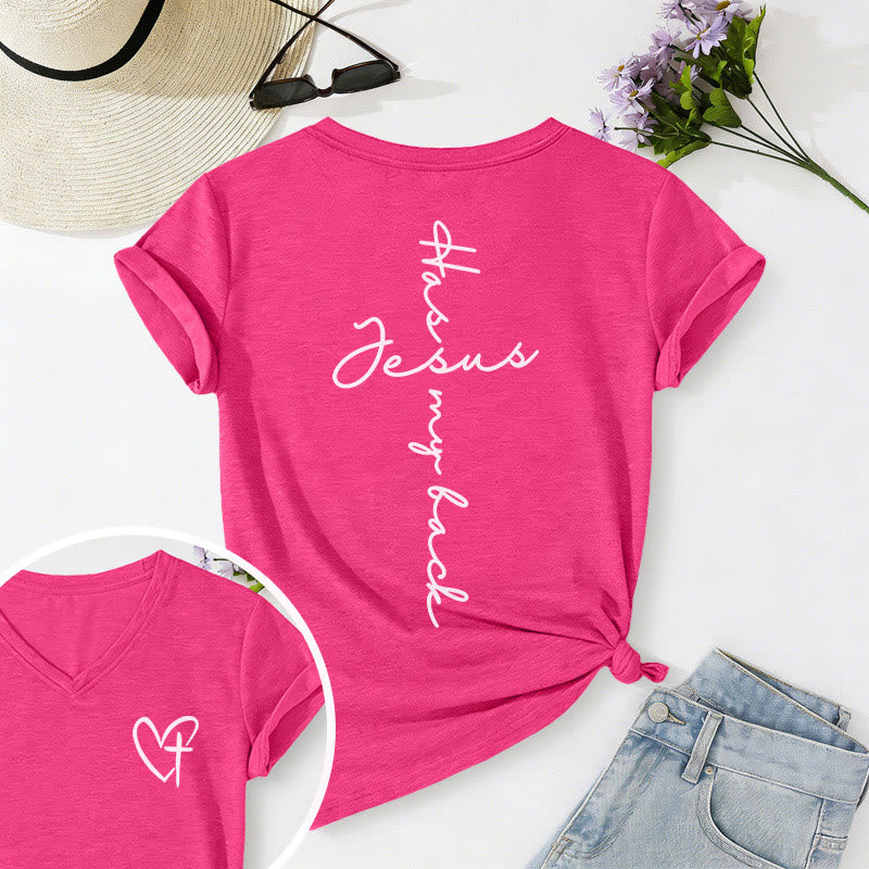 Christianartworkshop "Jesus Has My Back" Front & Back Print Casual V-neck T-shirt - Rose - 2XL - image 72