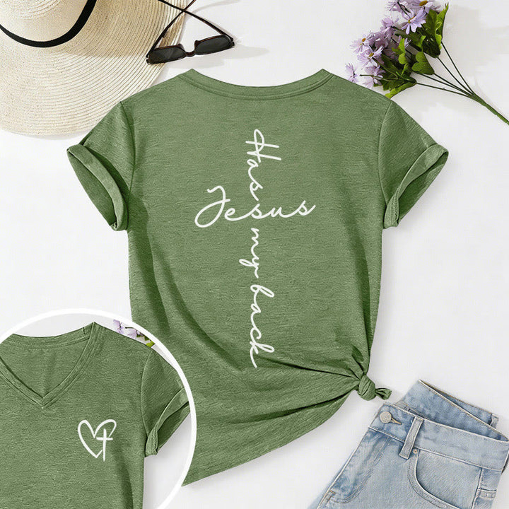 Christianartworkshop "Jesus Has My Back" Front & Back Print Casual V-neck T-shirt - Olive Green - 2XL - image 24