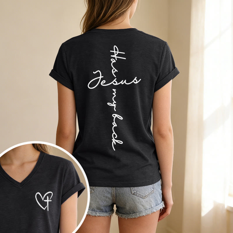 Christianartworkshop "Jesus Has My Back" Front & Back Print Casual V-neck T-shirt - image 7