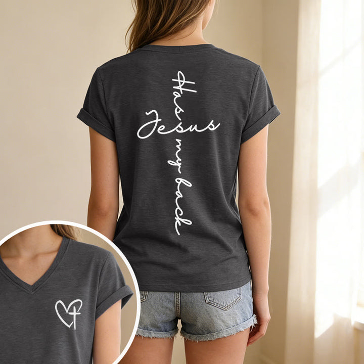 Christianartworkshop "Jesus Has My Back" Front & Back Print Casual V-neck T-shirt - image 1