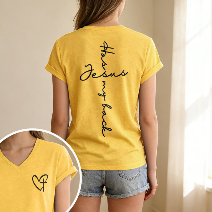 Christianartworkshop "Jesus Has My Back" Front & Back Print Casual V-neck T-shirt - image 19