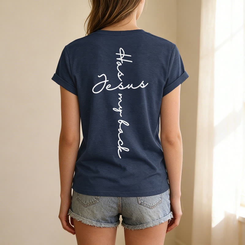 Christianartworkshop "Jesus Has My Back" Front & Back Print Casual V-neck T-shirt - image 65