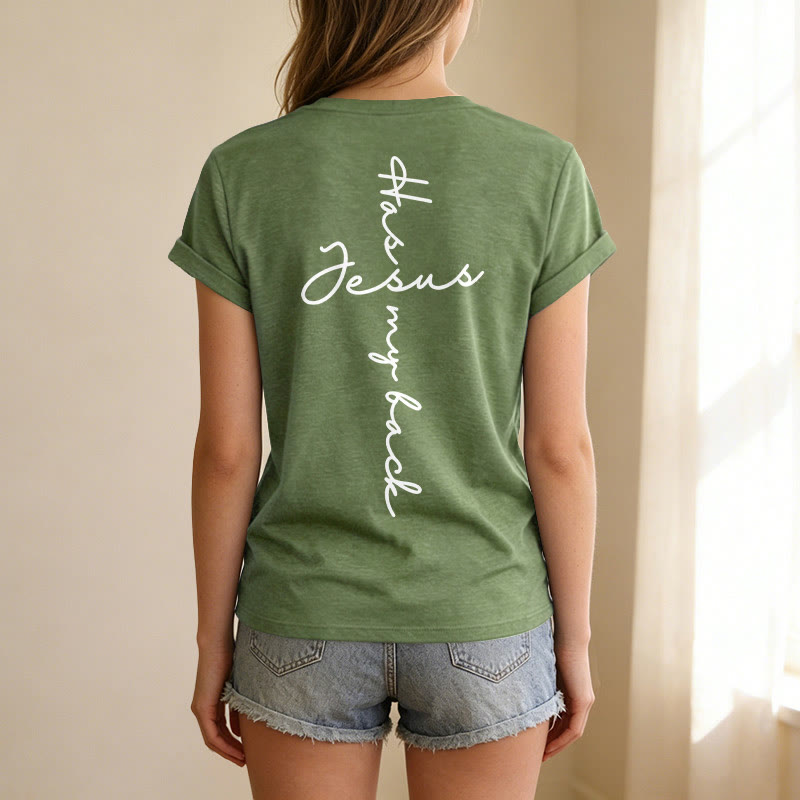 Christianartworkshop "Jesus Has My Back" Front & Back Print Casual V-neck T-shirt - image 29