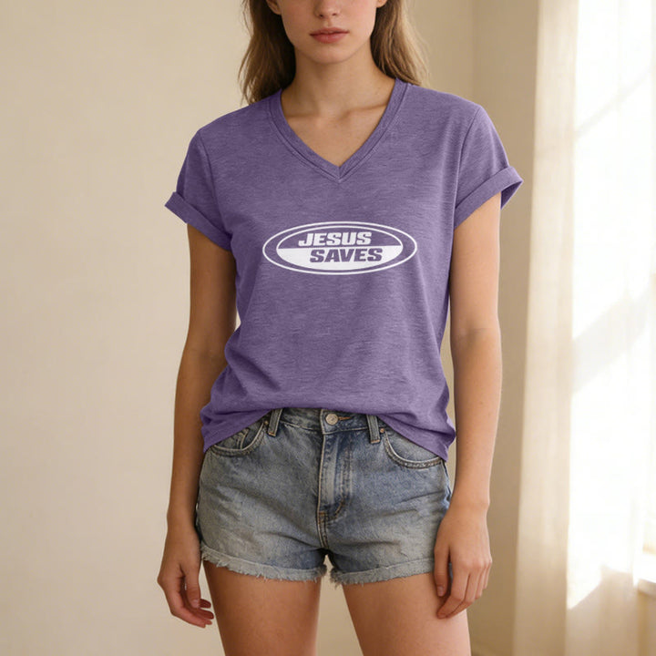 Christianartworkshop Retro Oval "Jesus Saves" Casual V-neck T-shirt - image 19