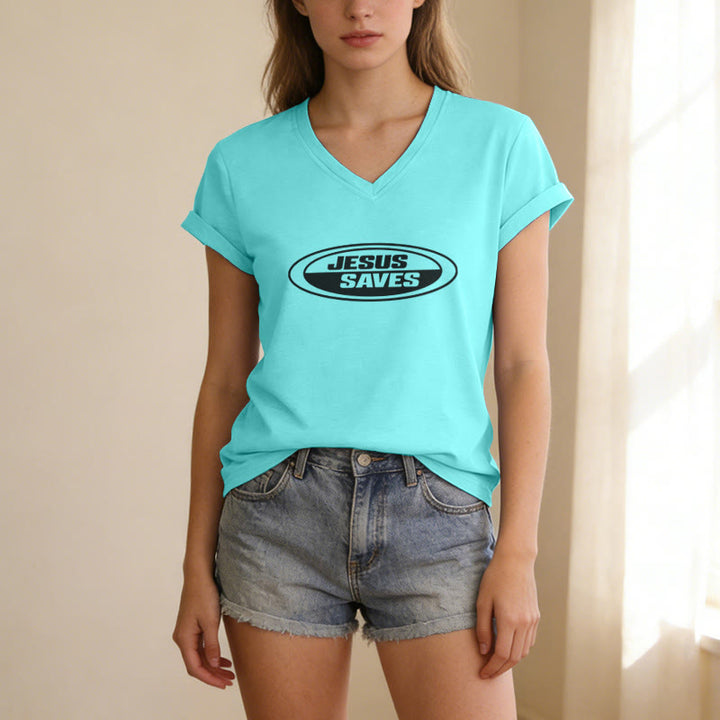 Christianartworkshop Retro Oval "Jesus Saves" Casual V-neck T-shirt - image 13