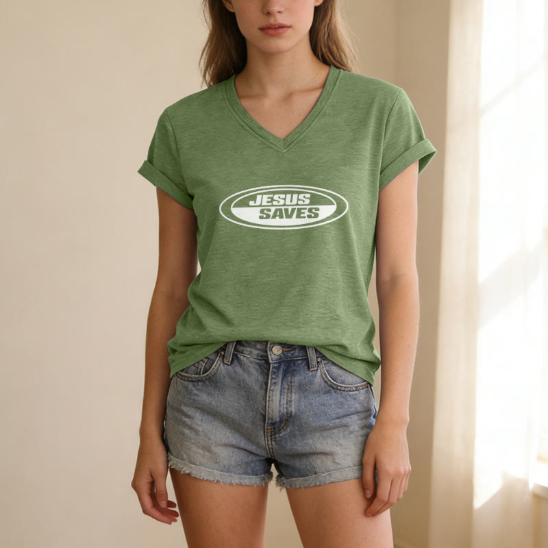 Christianartworkshop Retro Oval "Jesus Saves" Casual V-neck T-shirt - image 9