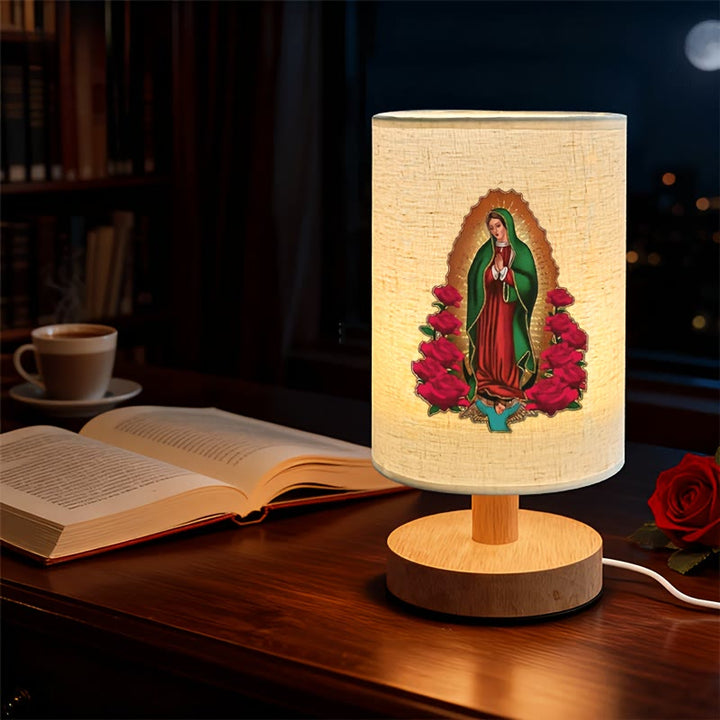 Christianartworkshop Natural Wood Base Fabric Lampshade Our Lady of Guadalupe Table Lamp: A Symbol of Gentle Nighttime Blessings - image 3