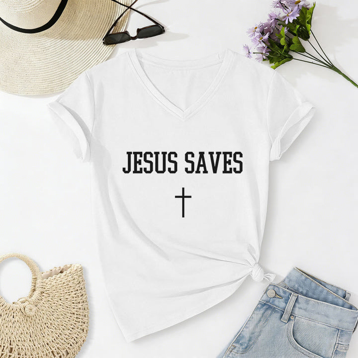 Christianartworkshop "Jesus Saves" Statement Cross Casual V-neck T-shirt - White - 2XL - image 12