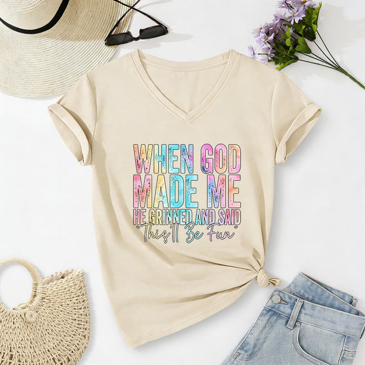 Christianartworkshop "When God Made Me" Colorful Gradient Casual V-neck T-shirt - Beige - 2XL - image 6