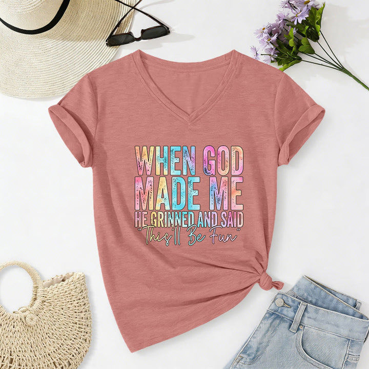 Christianartworkshop "When God Made Me" Colorful Gradient Casual V-neck T-shirt - Light Pink - 2XL - image 16