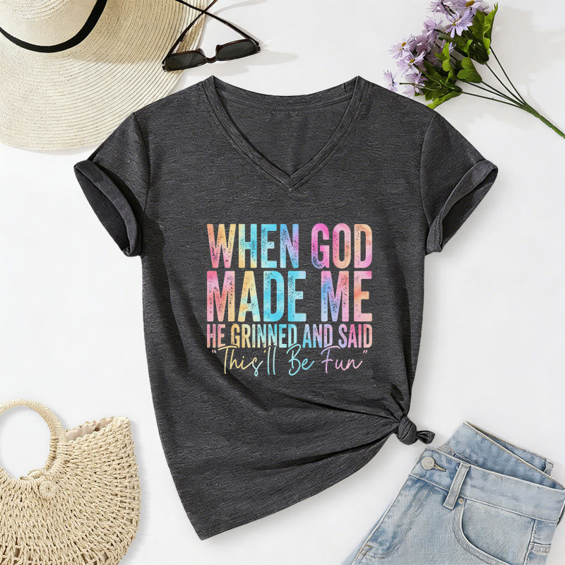 Christianartworkshop "When God Made Me" Colorful Gradient Casual V-neck T-shirt - Dark Grey - 2XL - image 2