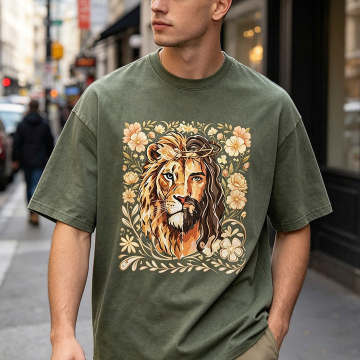 Christianartworkshop Lion of Judah Floral Faith Statement Washed Unisex T-Shirt - image 0