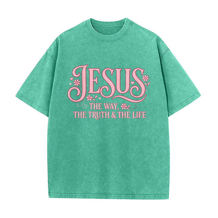 Christianartworkshop Decorative Floral "Jesus The Way The Truth & The Life" Washed Unisex T-Shirt - Green - 5XL - image 4