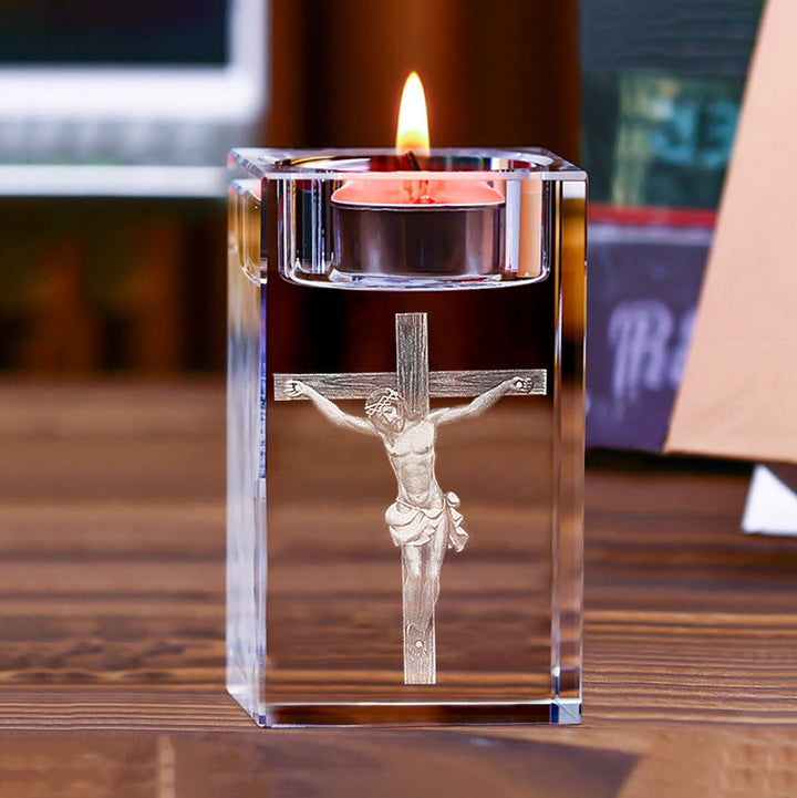 Christianartworkshop Luminous Tealight Compatible Inner Engraved Holy Figure Crystal Holder: A Symbol of Peaceful Prayer Atmosphere - Crucifix - 1.97''*1.97''*3.94''/5*5*10cm - image 7