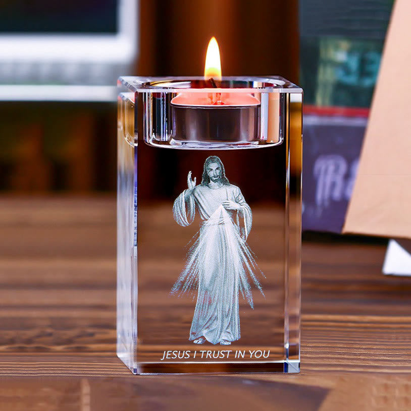 Christianartworkshop Luminous Tealight Compatible Inner Engraved Holy Figure Crystal Holder: A Symbol of Peaceful Prayer Atmosphere - Divine Mercy Jesus - 1.97''*1.97''*3.94''/5*5*10cm - image 0
