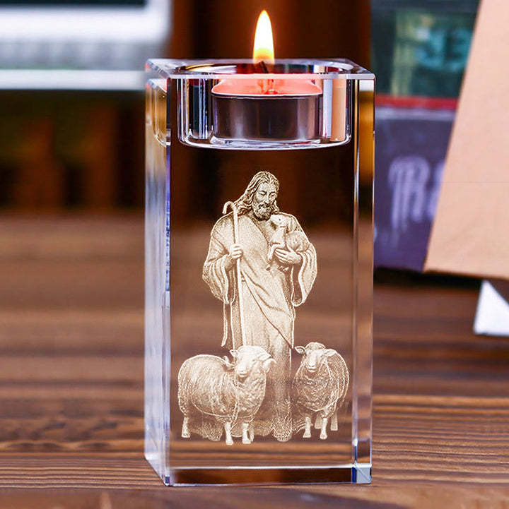 Christianartworkshop Luminous Tealight Compatible Inner Engraved Holy Figure Crystal Holder: A Symbol of Peaceful Prayer Atmosphere - Jesus the Good Shepherd - 1.97''*1.97''*3.94''/5*5*10cm - image 12