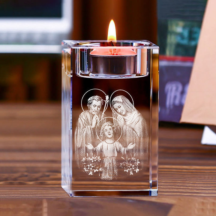 Christianartworkshop Luminous Tealight Compatible Inner Engraved Holy Figure Crystal Holder: A Symbol of Peaceful Prayer Atmosphere - Holy Family - 1.97''*1.97''*3.94''/5*5*10cm - image 15