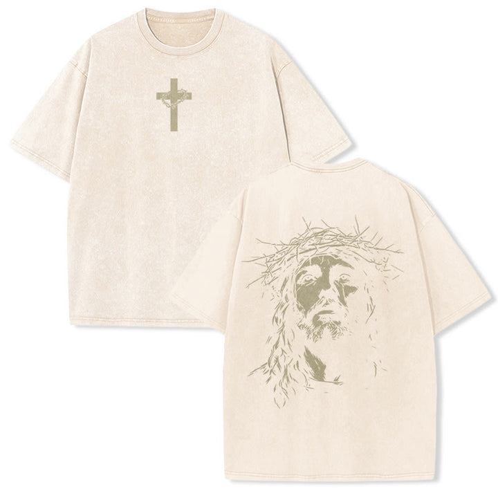 Christianartworkshop Cross with Crown of Thorns Detail Washed Unisex T-Shirt - Beige - 5XL - image 5