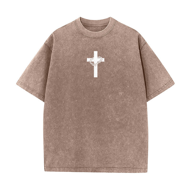 Christianartworkshop Cross with Crown of Thorns Detail Washed Unisex T-Shirt - image 16