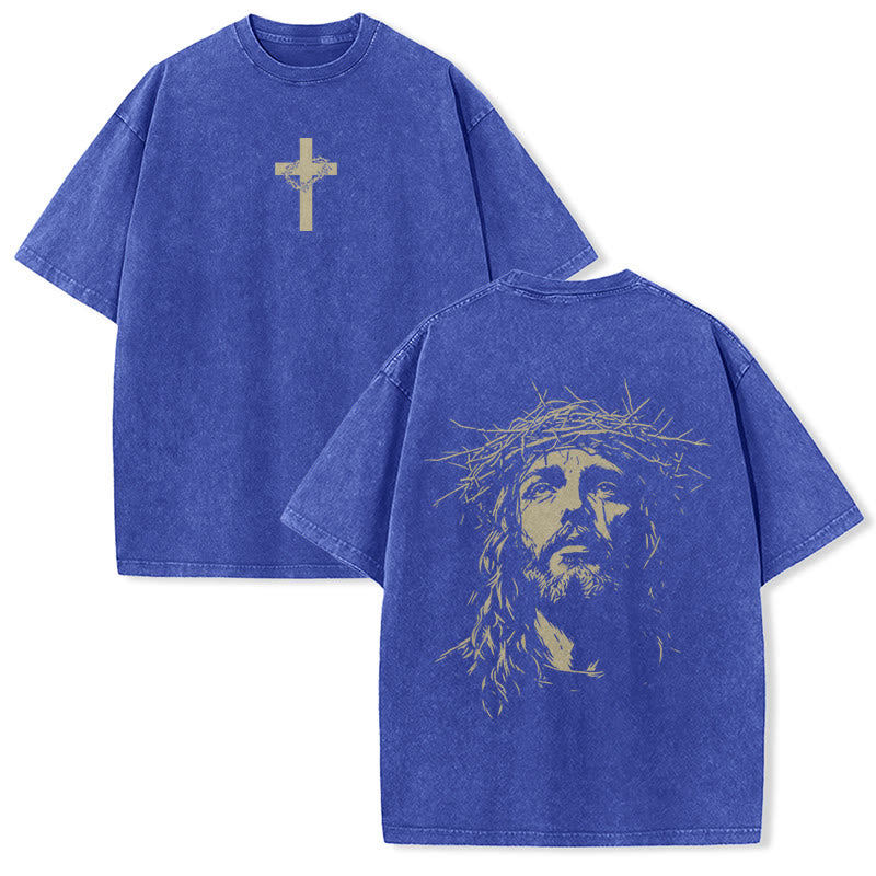 Christianartworkshop Cross with Crown of Thorns Detail Washed Unisex T-Shirt - Blue - 5XL - image 23