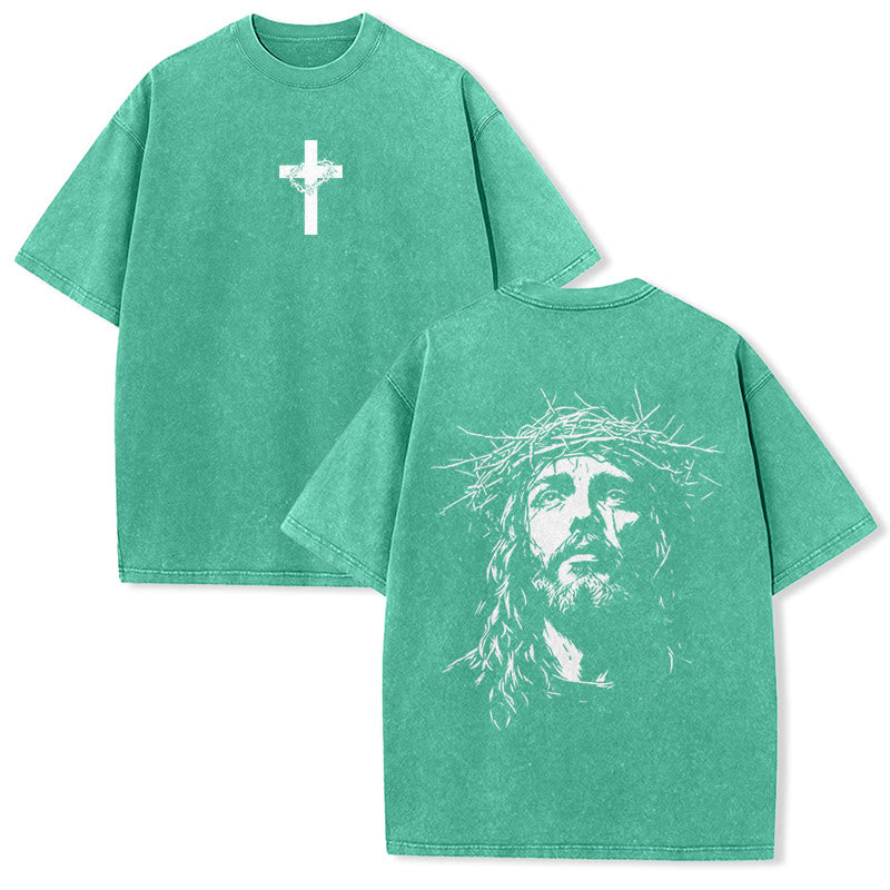 Christianartworkshop Cross with Crown of Thorns Detail Washed Unisex T-Shirt - Green - 5XL - image 11