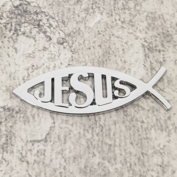 Christianartworkshop Ichthys Fish Shape JESUS Embossed Car Sticker: A Symbol of Abiding Faith & Divine Safeguard - Silver - image 1