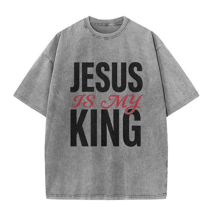 Christianartworkshop "Jesus Is My King" Casual Believer Washed Unisex T-Shirt - Grey - 5XL - image 9