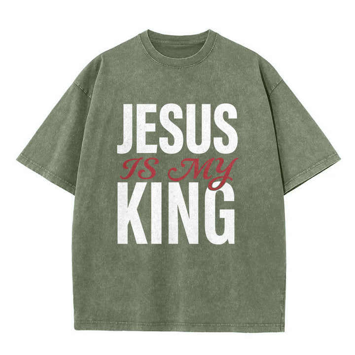 Christianartworkshop "Jesus Is My King" Casual Believer Washed Unisex T-Shirt - Army Green - 5XL - image 5
