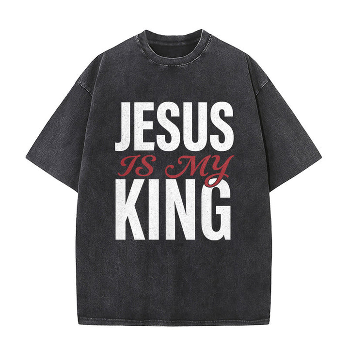 Christianartworkshop "Jesus Is My King" Casual Believer Washed Unisex T-Shirt - Black - 5XL - image 4