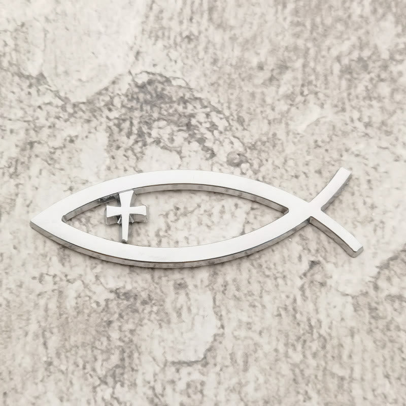 Christianartworkshop Ichthys Hollow Fish Frame Inset Cross Car Sticker: A Symbol of Steadfast Faith & Journey Protection - Silver - image 1