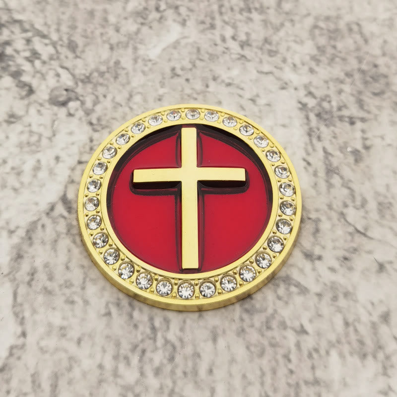 Christianartworkshop Rhinestone Rim Circular Raised Cross Car Sticker: A Symbol of Divine Grace & All-Round Journey Protection - Golden & Red - image 4