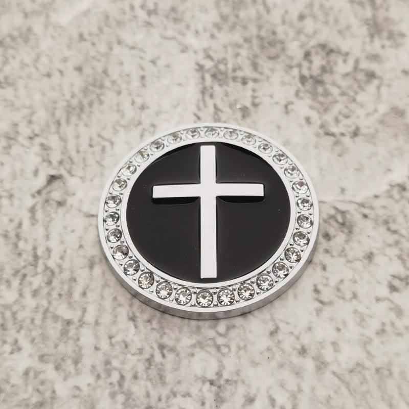 Christianartworkshop Rhinestone Rim Circular Raised Cross Car Sticker: A Symbol of Divine Grace & All-Round Journey Protection - Silver & Black - image 4