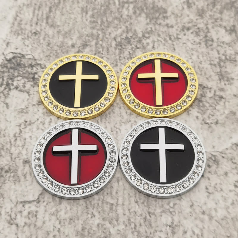 Christianartworkshop Rhinestone Rim Circular Raised Cross Car Sticker: A Symbol of Divine Grace & All-Round Journey Protection - Set of 4 Colors - image 3