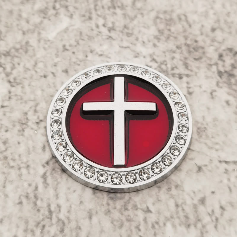 Christianartworkshop Rhinestone Rim Circular Raised Cross Car Sticker: A Symbol of Divine Grace & All-Round Journey Protection - Silver & Red - image 5
