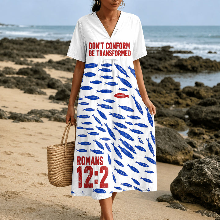 Christianartworkshop "Don't Conform Be Transformed" Romans 12:2 Fish Print V-Neck Short Sleeve Midi Dress - 4XL - image 0