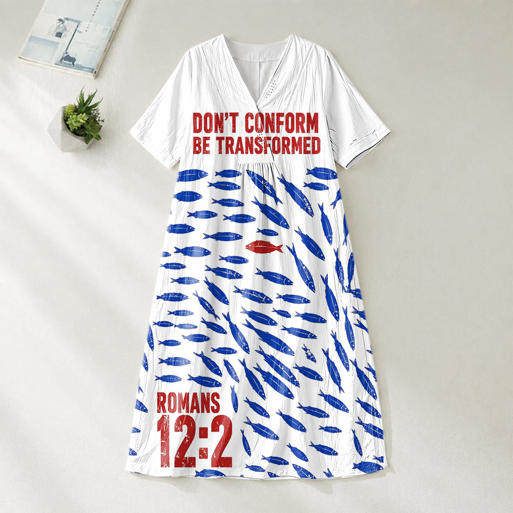 Christianartworkshop "Don't Conform Be Transformed" Romans 12:2 Fish Print V-Neck Short Sleeve Midi Dress - image 1