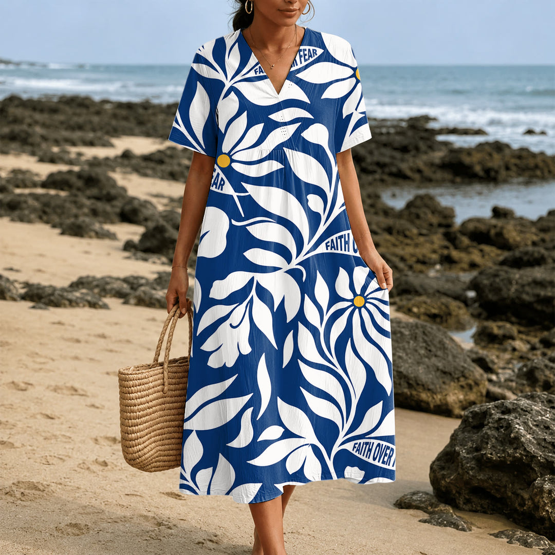 Christianartworkshop "Faith Over Fear" Tropical Floral Print V-Neck Short Sleeve Midi Dress - 4XL - image 1