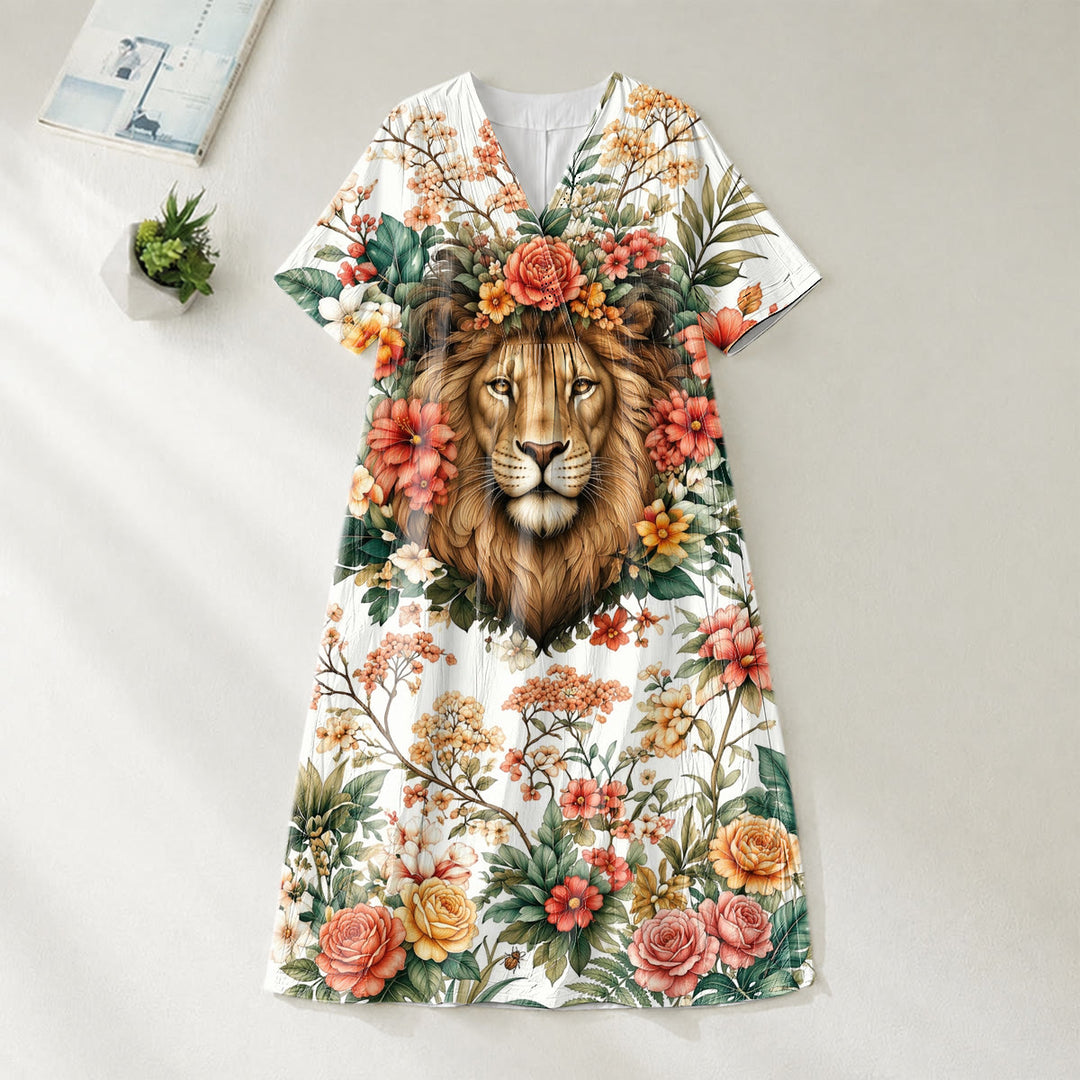 Christianartworkshop "Lion of Judah" Floral Wreath V-Neck Short Sleeve Midi Dress - image 1