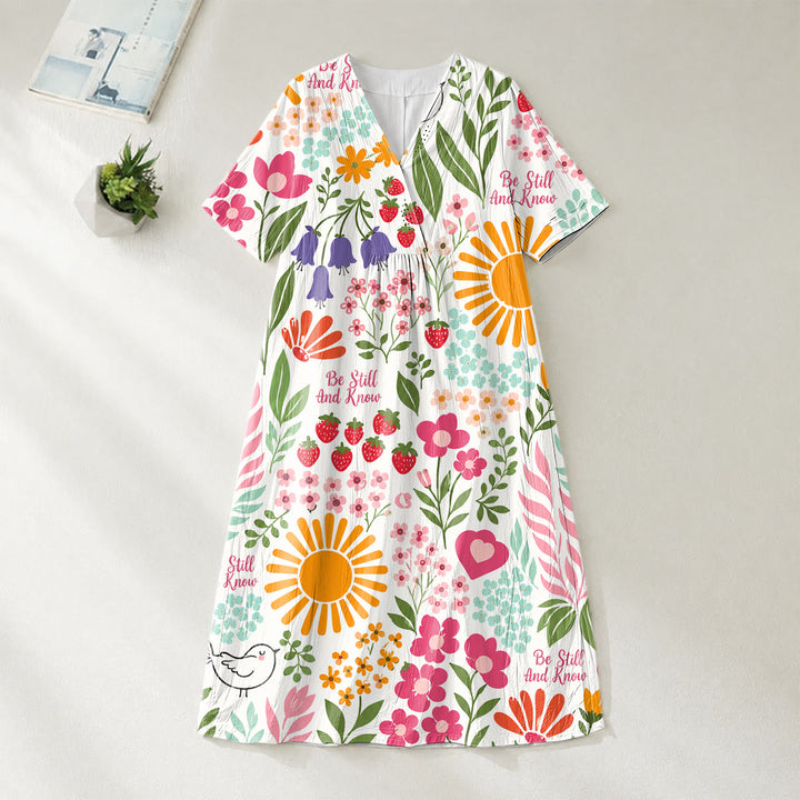 Christianartworkshop "Be Still And Know" Floral & Sun Print V-Neck Short Sleeve Midi Dress - image 1