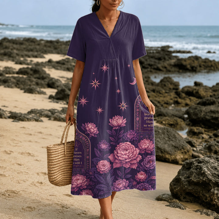 Christianartworkshop "If Heaven Praises Him" Peony Celestial V-Neck Short Sleeve Midi Dress - 4XL - image 0